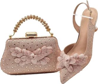 Generic Womens Luxury Shoes and Bag Set Rhinestones Flowers Decoration Pointed Toe High Heel Shoes for Wedding Party