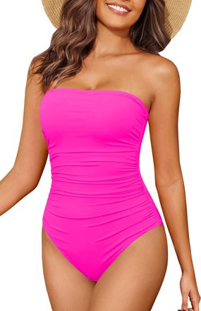 Holipick Women Tummy Control One Piece Swimsuits Strapless Bandeau Bathing Suits Slimming Halter Swimwear, Pink, Medium