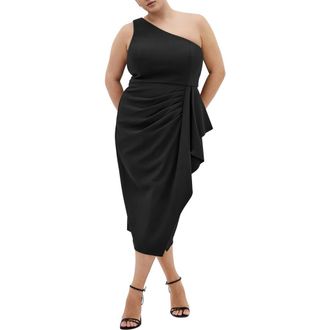 City Chic Priyanka Ruffle One-Shoulder Midi Dress in Black at Nordstrom Rack, Size Xxl/24W