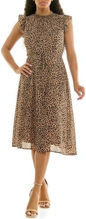 Nina Leonard Smock Chiffon Midi Dress in Tan/black at Nordstrom Rack, Size X-Large