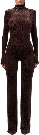 Naked Wardrobe Burnout Long Sleeve Jumpsuit in Leopard Dark Chocolate at Nordstrom, Size X-Large
