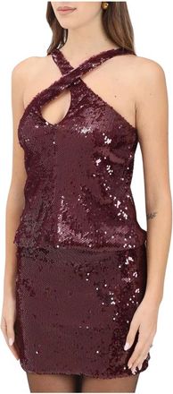 Akep Tops, Dames, Rood, 2Xs, Polyester, Total Paillettes Mouwloze Top