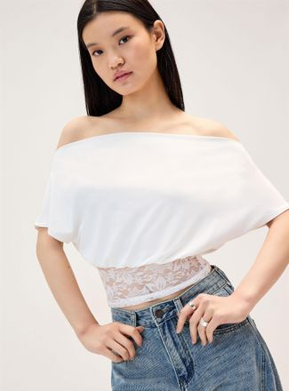 Twik Womens Asymmetric-neck lace-trim T-shirt