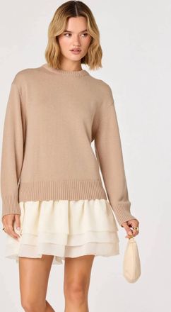 Astr Kalyn Sweater Mixed Media Mini Dress In Light Taupe Cream