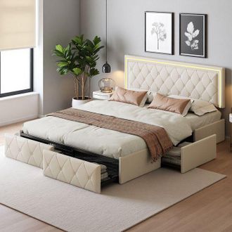 OEM Cama 160x200 Cm, Tt02, Led Regulable, Lujo Moderno Y Ligero, Cama Doble, Marco De Cama Para Adultos 160x200 Cm, Pu, Beige