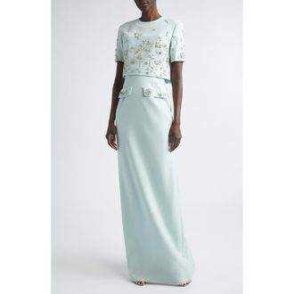 Oscar De La Renta Crystal Beaded Strapless Stretch Wool Column Gown with Jacket in Saltwater at Nordstrom, Size 10