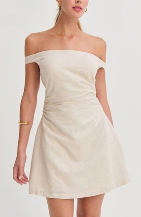 Crescent Off Shoulder Side Ruched Linen Mini Dress in Oatmeal at Nordstrom, Size Medium