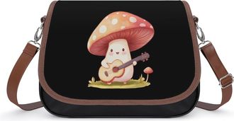 Generic Mushroom Playing Guitar Womens Leather Crossbody Bags with Adjustable Strap Casual Printed Shoulder Handbag