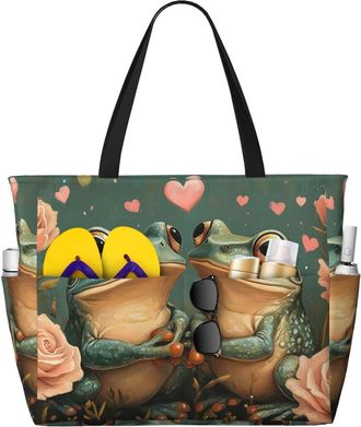 Generic Cute Frog Print Large Beach Bag Foldable Travel Shoulder Tote Bag With Pocket For Weekender Pool Vacation