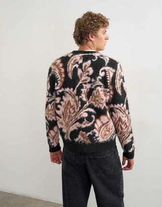 Topman cardigan regular fit in maglia spazzolata con stampa cachemire nero