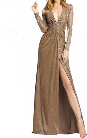 Mac Duggal Womens Metallic Twist Front Plunging Long Sleeve Gown In Bronze