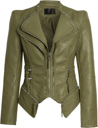 SS7 Womens Faux Leather Biker Jacket Khaki