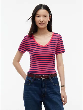 Tommy Hilfiger Womens V-Neck Striped Favorite T-Shirt - Vintage Cerise - XXL