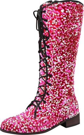 Generic Winter Women Retro Pattern Fashion Mid Calf Boots with Sequin Decoration Lace Up Design Comfortable Thick Low Heels Footwear (Red, 6. 5)