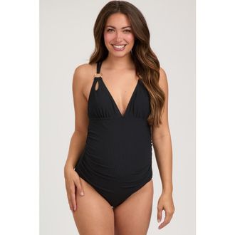 Pinkblush Ribbed V-Neck Ruched Criss Cross Low Back One Piece Swimsuit in Black at Nordstrom, Size X-Large