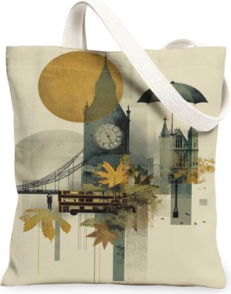 Generic Cityscape Canvas Tote Bag, Modern Vintage Design Lightweight Washable Shoulder Strap Bags for Travel Shopping Outdoor Use, Beige, 13x15 Inch