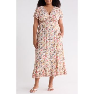 Max Studio Floral Flutter Sleeve Empire Waist Maxi Dress in Cream/Red Floral Muse at Nordstrom Rack, Size 1 X