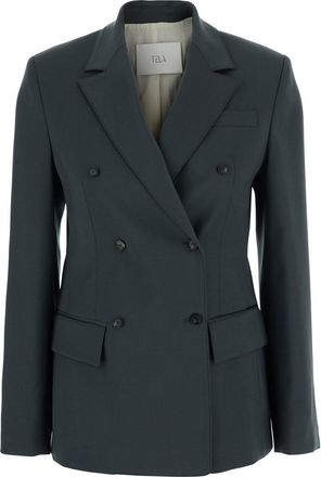 Tela soho Grey Double-breasted Jacket With Notched Revers In Wool Blend Woman
