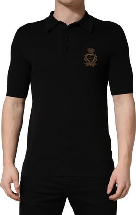 Dolce & Gabbana Black Heraldic Crest Patch Silk Polo Mens T-shirt