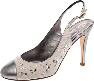Gina Metallic Silver Satin And Leather Crystal Embellished Slingback Sandals