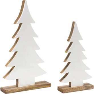 Melrose International Pine Tree on Natural Wood Base (Set of 2) - White, Beige