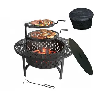 Relaxdays Relaxdays Braciere, &Oslash; 92 Cm, 2 Griglie Regolabili, Coperchio, Attizzatoio, Copertura