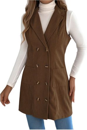 Generic Women Gilet Corduroy Sleeveless Vest Jacket Button Down Trench Coat Lapel Collar Lightweight Body Warmer Casual Cardigan Button Down Solid Elegant Coa