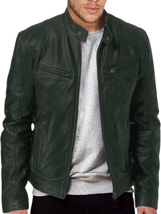 Generic Mens Leather Biker Jacket - Vintage Leather Jacket Men Motorcycle - Stand Collar Distressed Leather Bomber Jacket Men