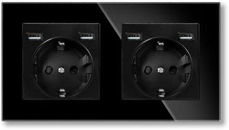 OEM Enchufe Doble Con 4 Puertos Usb (2 &times; Tipo A, M&aacute;ximo 2,1 A En Total), Doble Conexi&oacute;n Con Cristal Templado, Toma Schuko, Montaje Empotrado, Negro