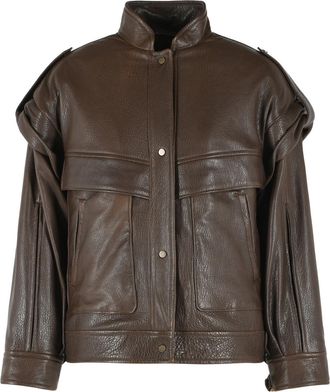 Salvatore Santoro Rich Brown Leather Bomber Jacket with Raised Collar and Unique Detailing