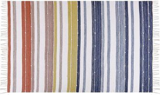 Beliani Alfombra Azul Blanco Amarillo Rojo 140 X 200 Cm A Mano A Rayas Borlas Tozakli