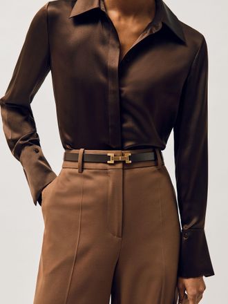 Reiss Chocolate Leather Square Hinge Belt, XL