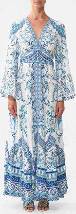 Camilla Shaped Waistband Dress With Ruffle Sleeve In Isnik Lullaby