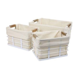 Happimess Callan Vintage Industrial Handmade Wire Metal Nesting Storage Baskets with Wood Handles and Fabric Liner in White at Nordstrom