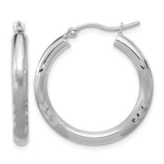 Diamond2Deal 14k Gold Satin & Diamond-cut 3x25mm Round Hoop Earrings
