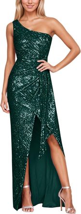 Generic Womens Off Shoulder Sequin Party Dress Sleeveless Slit Backless Evening Gown with Sparkling Embellishments for and Night Out Events Dark Green