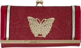 Generic Ladies Butterfly Stitches Card Slots Purse Metal Plate Foldout Womens Wallet Handbag (Red)