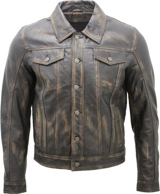 Infinity Leather Mens Trucker Slim Fit Leather Shirt Jeans Jacket