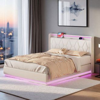 OEM Cama 140x200 Cm - 250505zxy - Usb - Led - Hidr&aacute;ulico - Terciopelo - Marco De Cama Doble 140x200 Cm - Blanco