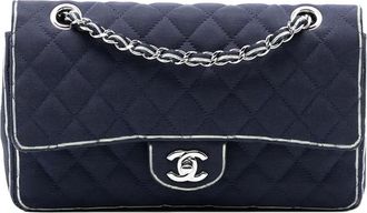Chanel Borsa a spalla Double Flap media in gros-grain con stampa 2014 - Blu