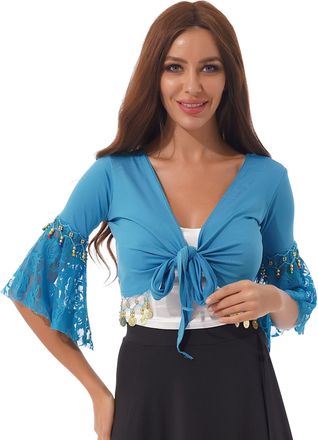 TiaoBug Womens 3/4 Flared Lace Sleeve Belly Dance Top Wrapped Shrug Shiny Bead Tassel Tied Crop Top Sky Blue XXL