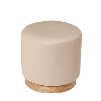 Koketto Home Puff circular tapizado beige con base de madera natural chapada