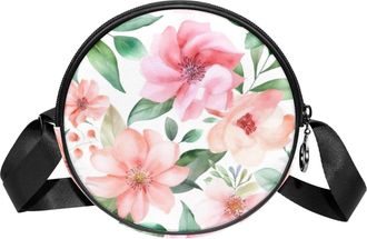 Generic Circle Crossbody Bag for Women, Floral Leaves Small Sling Bag Daypack with Zipper Adjustable Shoulder Straps Casual Ladies Girls Round Purse