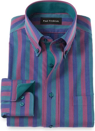 Paul Fredrick Slim Fit Comfort Stretch Non-iron Stripe Dress Shirt With Contrast Trim