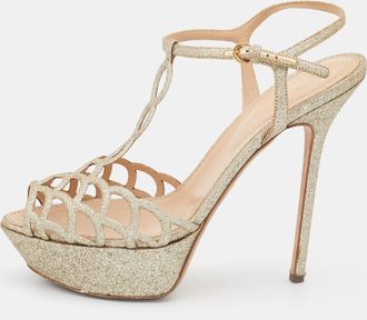 Sergio Rossi Gold Glitter Leather Laser Cut Out Platform Sandals