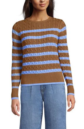 Lands End Drifter Modern Cable Crew Sweater in Canyon Camel/blue Stripe at Nordstrom, Size X-Large P