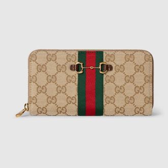 Gucci Horsebit Web Zip Around Wallet, Beige, GG Canvas