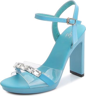 Generic Blue,5.5 UK,Womens Platform Heels Block Chunky Open Toe Ankle Strap Heel Sandals Fashion Rhinestone Wedding Party Dress Shoes