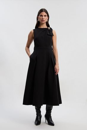 Karen Millen Womens Compact Stretch Bow Tie Neck Trim Detail Tailored Full Midi Dress - Black - Size 14 UK