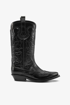 Ganni Black Mid Shaft Embroidered Western Boots in
